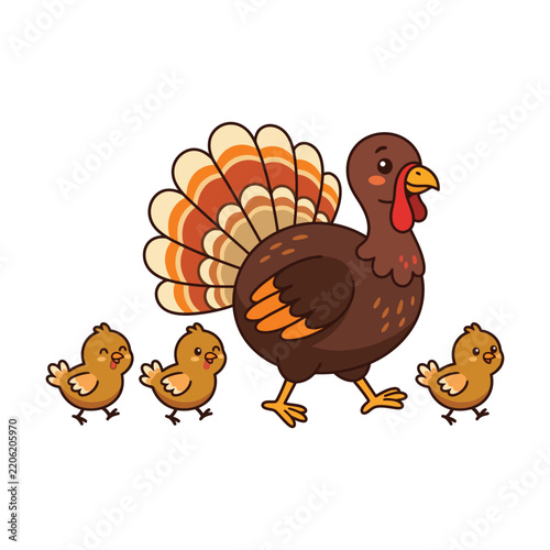 Cute cartoon turkey mother walking with her little baby chicks