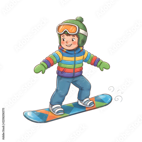 Cartoon kid snowboarding on colorful slopes with winter gear