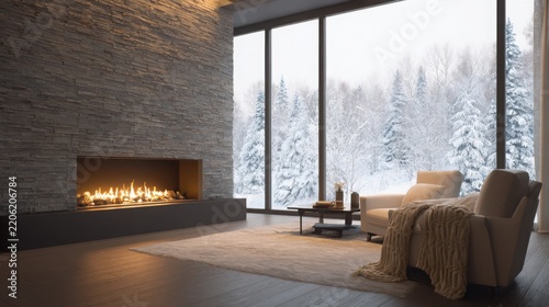 sophisticated winter living room with a minimalist stone fireplace as the visual focal point, warm fire glowing softly, cream armchair with wool