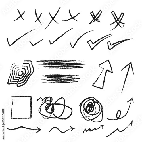 set of hand drawn arrows, tick marks, doodle 