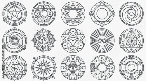 Collection of Mystical Symbols and Esoteric Emblems in Intricate Line Art