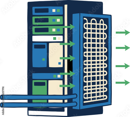 Data center server rack liquid cooling system infographic vector illustration