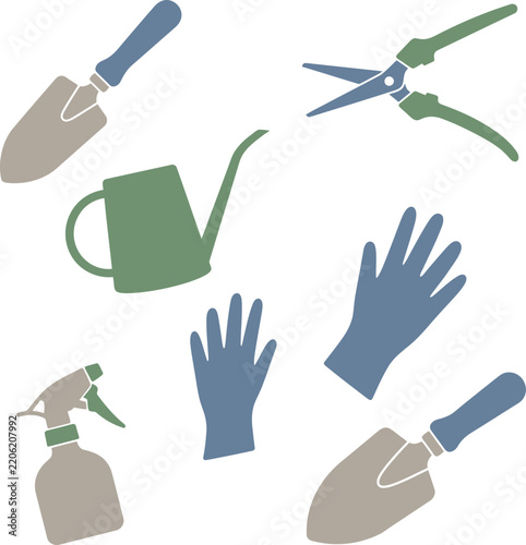 Pastel gardening tools flat vector icon set watering can trowel graphic