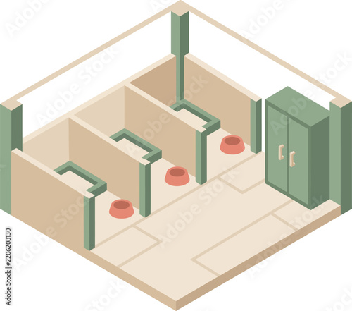 Isometric pet boarding kennel animal shelter interior room vector illustration