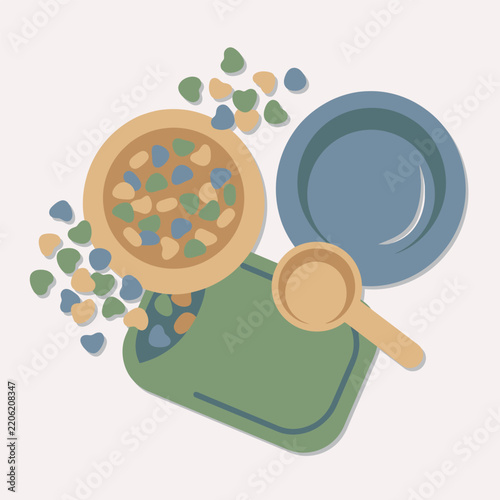Pastel flat lay pet food bowl kibble and scoop vector illustration graphic