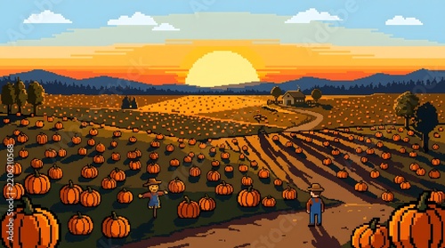 Vibrant autumn pumpkin patch at sunset with golden fields and distant hills