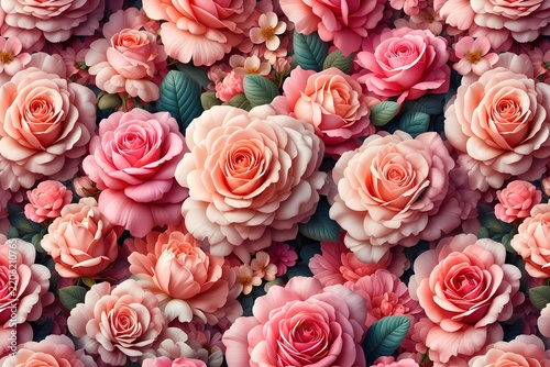 A beautiful, lush floral arrangement featuring a dense collection of blooming pink and peach roses interspersed with delicate green leaves, creating a romantic and vibrant botanical pattern full of na