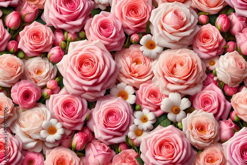 A charming assortment of blooming pink roses interspersed with delicate small white flowers, creating a romantic, textured floral pattern filled with natural grace.