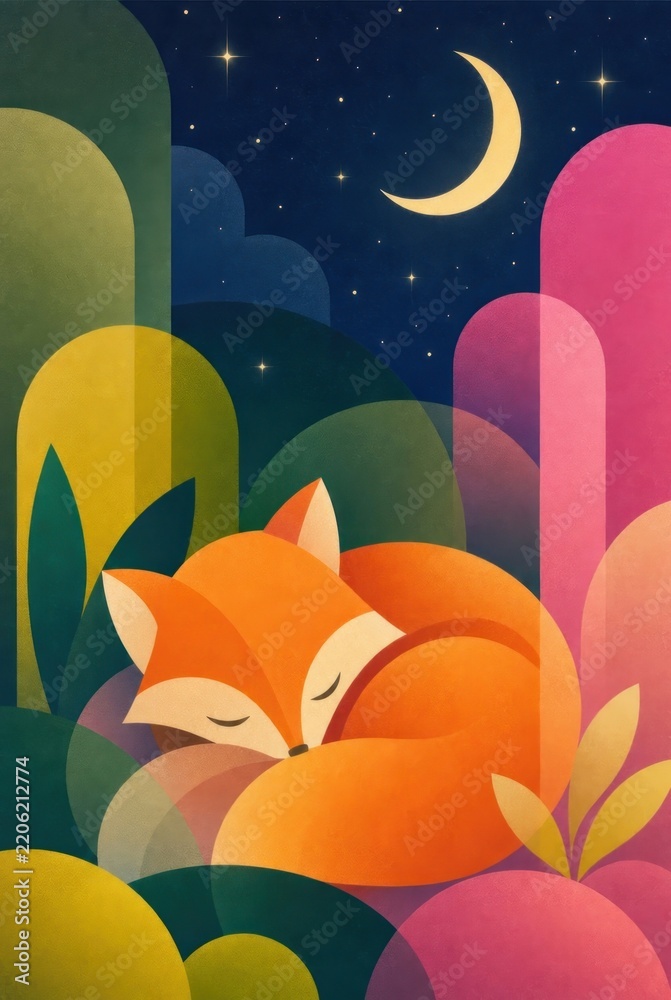 Obraz premium Whimsical colorful illustration of a sleeping orange fox under a crescent moon