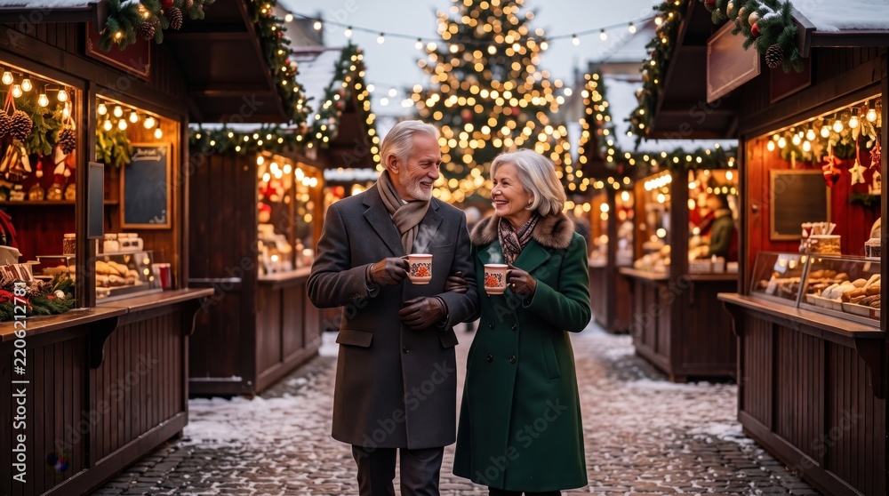 Obraz premium Senior couple enjoying an evening visit to a traditional Christmas market