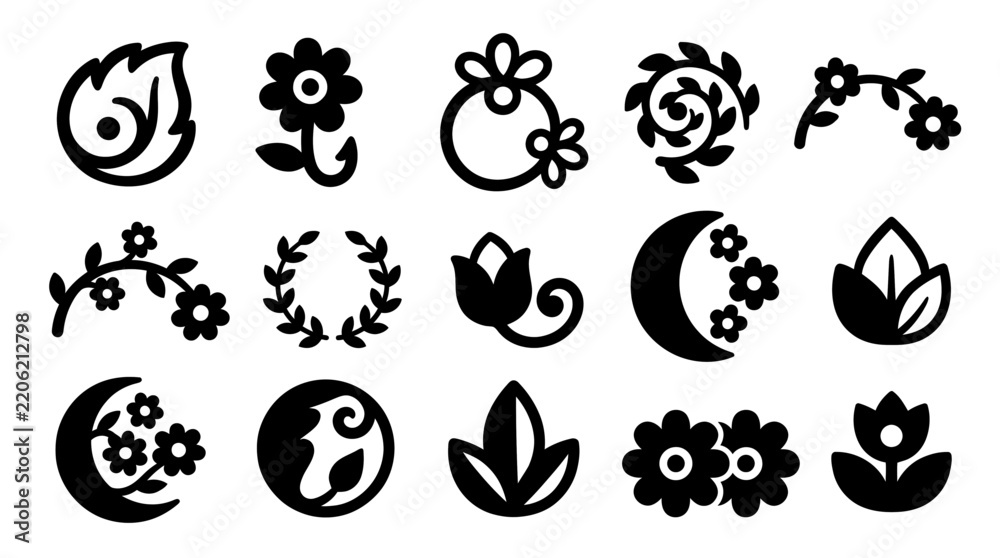 Fototapeta premium Folk floral vector icons set with botanical shapes and flower elements