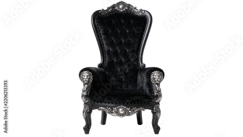 Ornate black velvet throne chair with silver lion armrests, isolated on transparent background