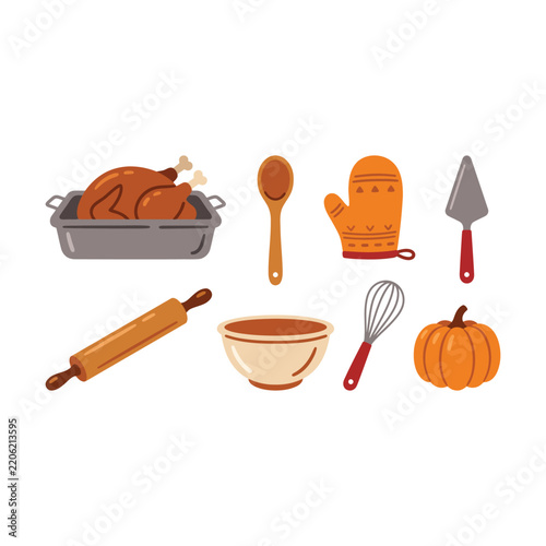 Set of thanksgiving cooking tools and roasted turkey illustration