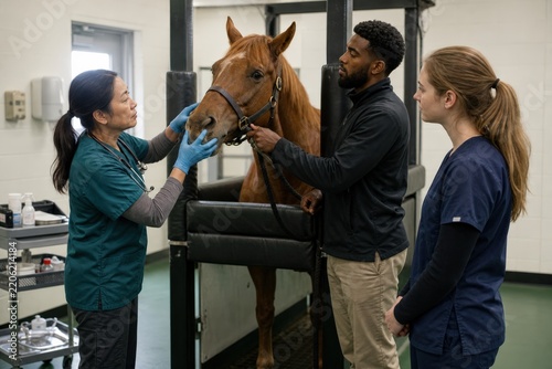 Equine dental examination - veterinary professionals coordinating around a calm horse