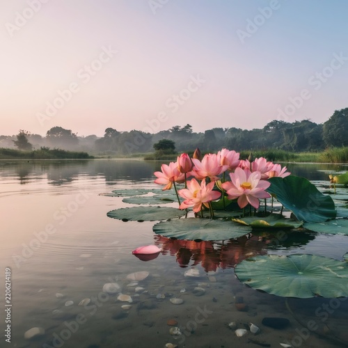 A low-angle photograph of pink lotus flowers and large green lily pads on a calm pond at dawn