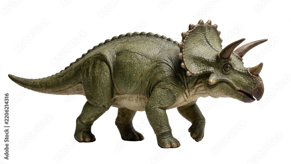 Obraz premium Green Triceratops dinosaur toy with three horns, isolated on transparent background