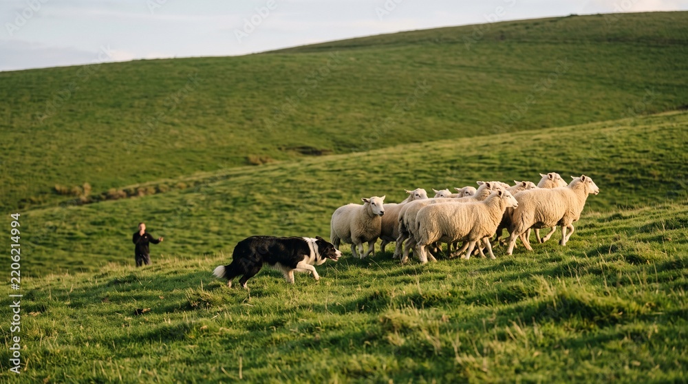 Fototapeta premium Sheepdog Guiding Flock On Hillside