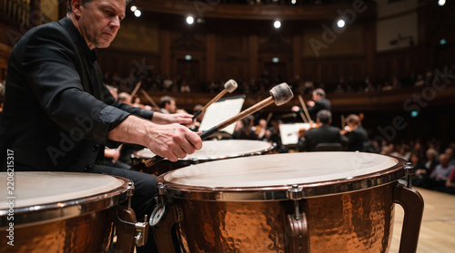 Orchestral Percussionist: A close-up shot captures a skilled percussionist playing the timpani during a live orchestra performance, with the conductor and audience faintly visible in the background.