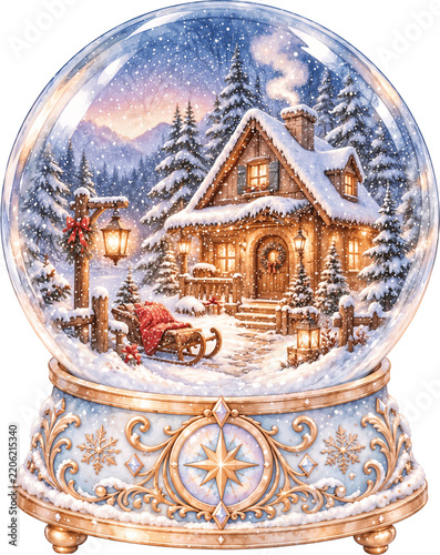 Magic snow globe showing a snowy cabin scene with trees and sled