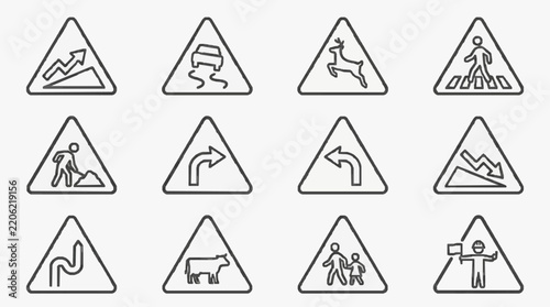 Comprehensive Set of Road and Pedestrian Warning Sign Icons for Safety Awareness
