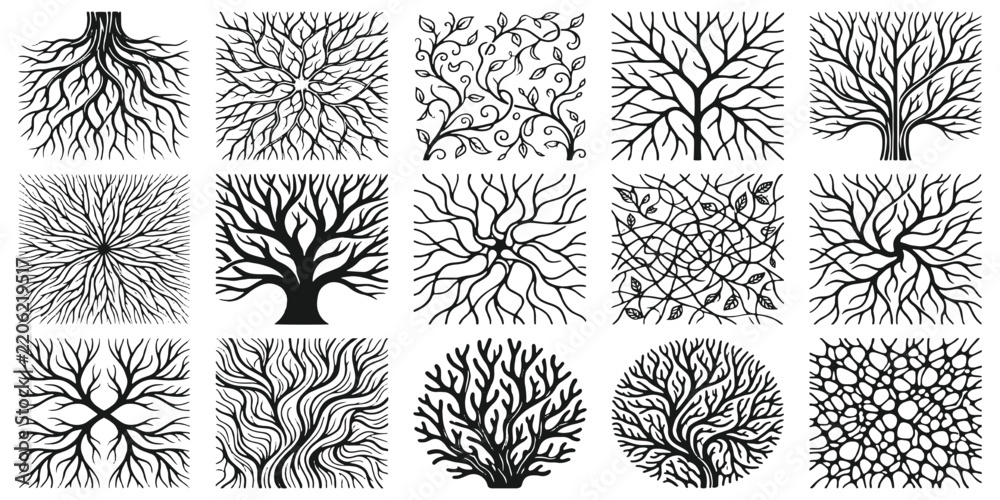 Obraz premium Abstract tree roots and branches line art patterns set with botanical nature elements vector illustration.
