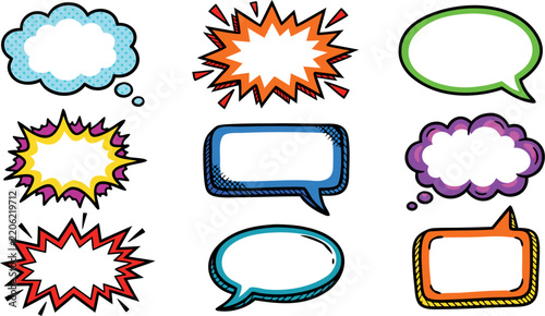 Colorful comic speech and thought bubbles set isolated on white background, Vector, illustration