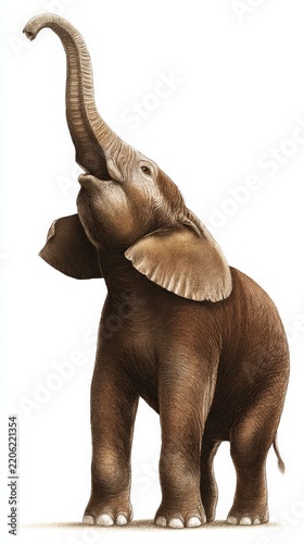 An illustration of a baby elephant raising its trunk in the air, showcasing its adorable features and playful nature