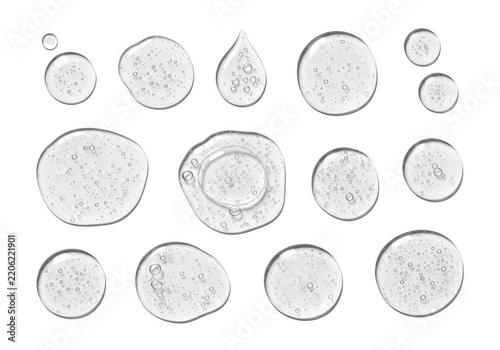 Set of clear water drops and liquid bubbles