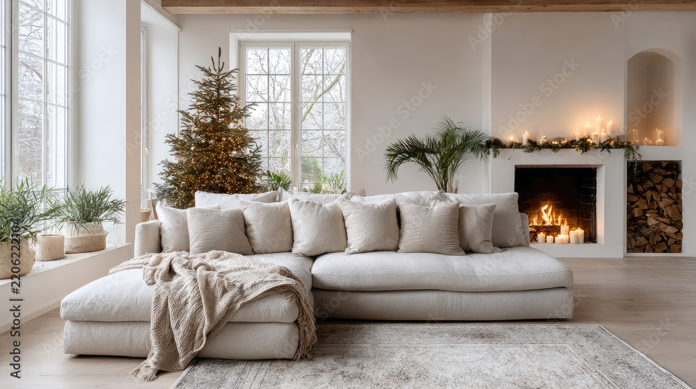 Obraz premium Warm modern living room with festive christmas tree, glowing fireplace, elegant sofa and large windows showing a snowy landscape, cozy hygge holiday ambiance