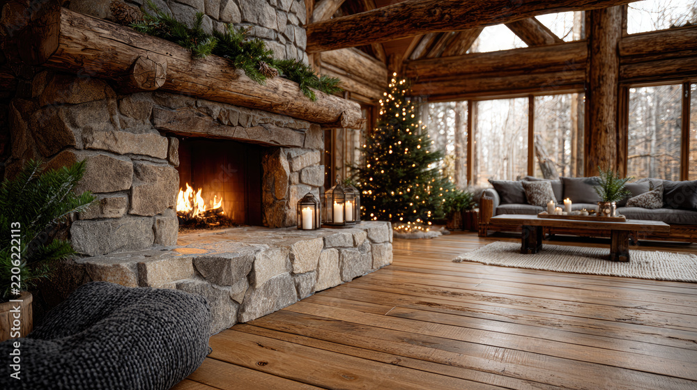 Obraz premium Warm and inviting rustic cabin interior creating a cozy christmas atmosphere, featuring a glowing fireplace and decorated holiday tree in a charming winter lodge setting