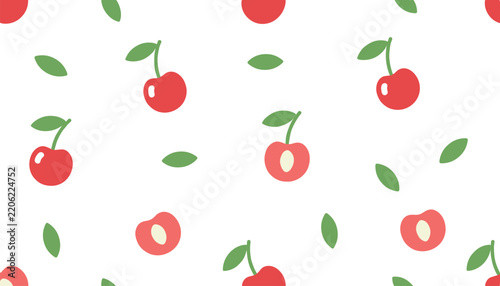 Seamless background pattern featuring cute red cherries and green leaves on a clean white surface for textile design.
