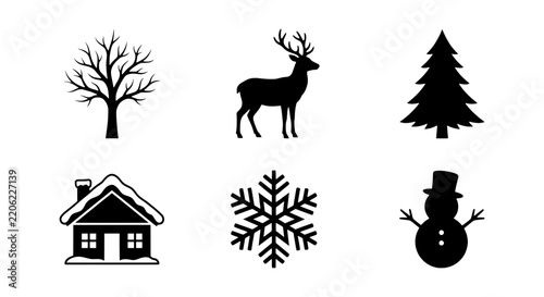 Minimalist winter icon set, black christmas silhouettes vector collection, seasonal elements