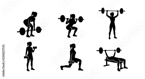 Fitness woman silhouette set, female weightlifting training poses, gym workout exercise vector