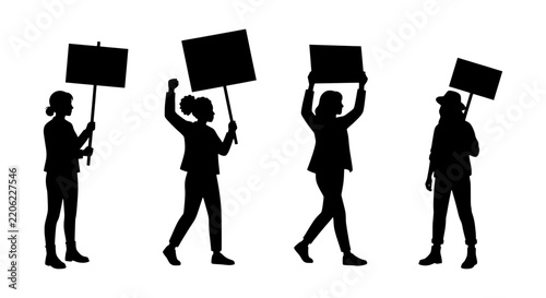 Protest silhouette vector set, activist women holding blank signs, demonstration banner silhouettes