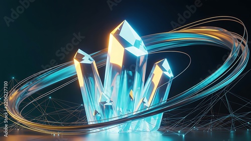 Futuristic glowing crystal structures with colorful flowing energy lines