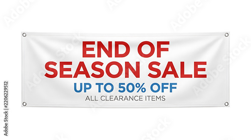 White horizontal banner with red and blue text advertising end of season sale with up to fifty percent off on all clearance display