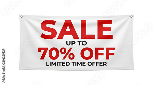 White horizontal sale banner with bold red text announcing up to seventy percent off with a limited time offer for retail store promotions today