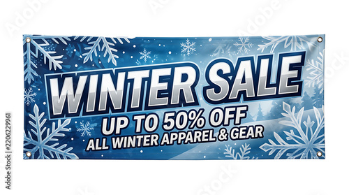 Winter sale banner with blue snowflake background, white and silver text announcing up to fifty percent off on all winter apparel and gear