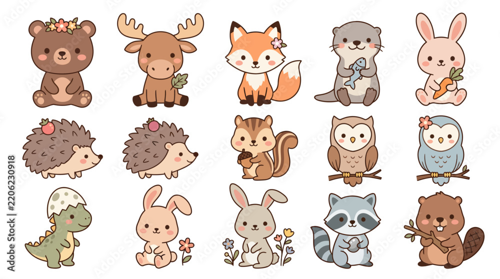 Obraz premium Set of cute woodland forest animal stickers in kawaii style.