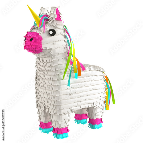 Traditional multi colored Mexican party pinata on a white background
