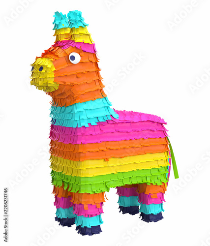 Traditional multi colored Mexican party pinata on a white background