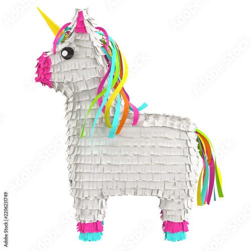Traditional multi colored Mexican party pinata on a white background