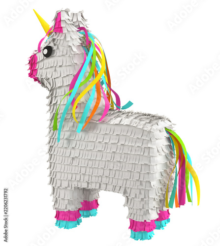 Traditional multi colored Mexican party pinata on a white background