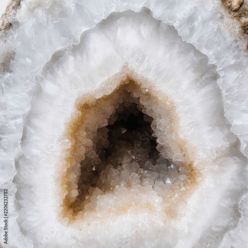 Close-up of a geode, revealing its sparkling crystalline interior with shades of white and brown