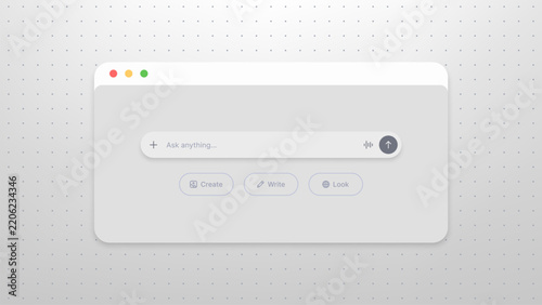 AI chat interface with prompt field and creative tools in browser window. Generative AI assistant for writing, image creation and web search. Chatbot technology concept. Vector illustration.