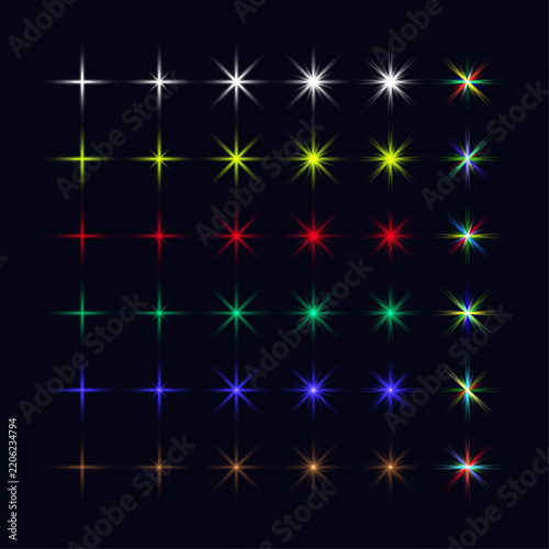 Glowing Light Effect Starburst Collection With Colorful Sparkle Flares On Dark Background For Christmas, Celebration And Graphic Design