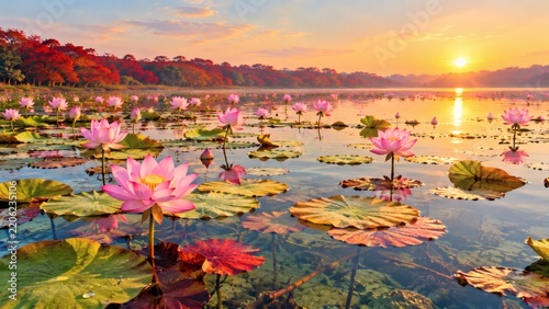 Natural Lotus Lake India Crystal Clear Water Sunrise Peaceful Landscape