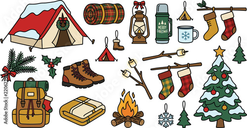 Winter camping christmas theme icons with tent gear and holiday forest supplies winter camp camping equipment winter outdoor christmas tree holiday campfire marshmallow roast winter holidays