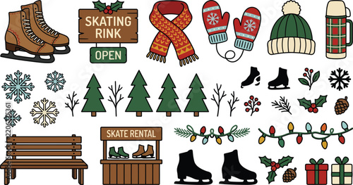 Winter ice skating elements collection with skates rental shop evergreen trees holiday decor skating rink winter season skate rental winter holidays winter sports christmas decor winter recreat