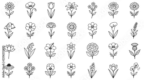 Minimalist Floral Line Art Icon Set with 28 Botanical Plant Illustrations